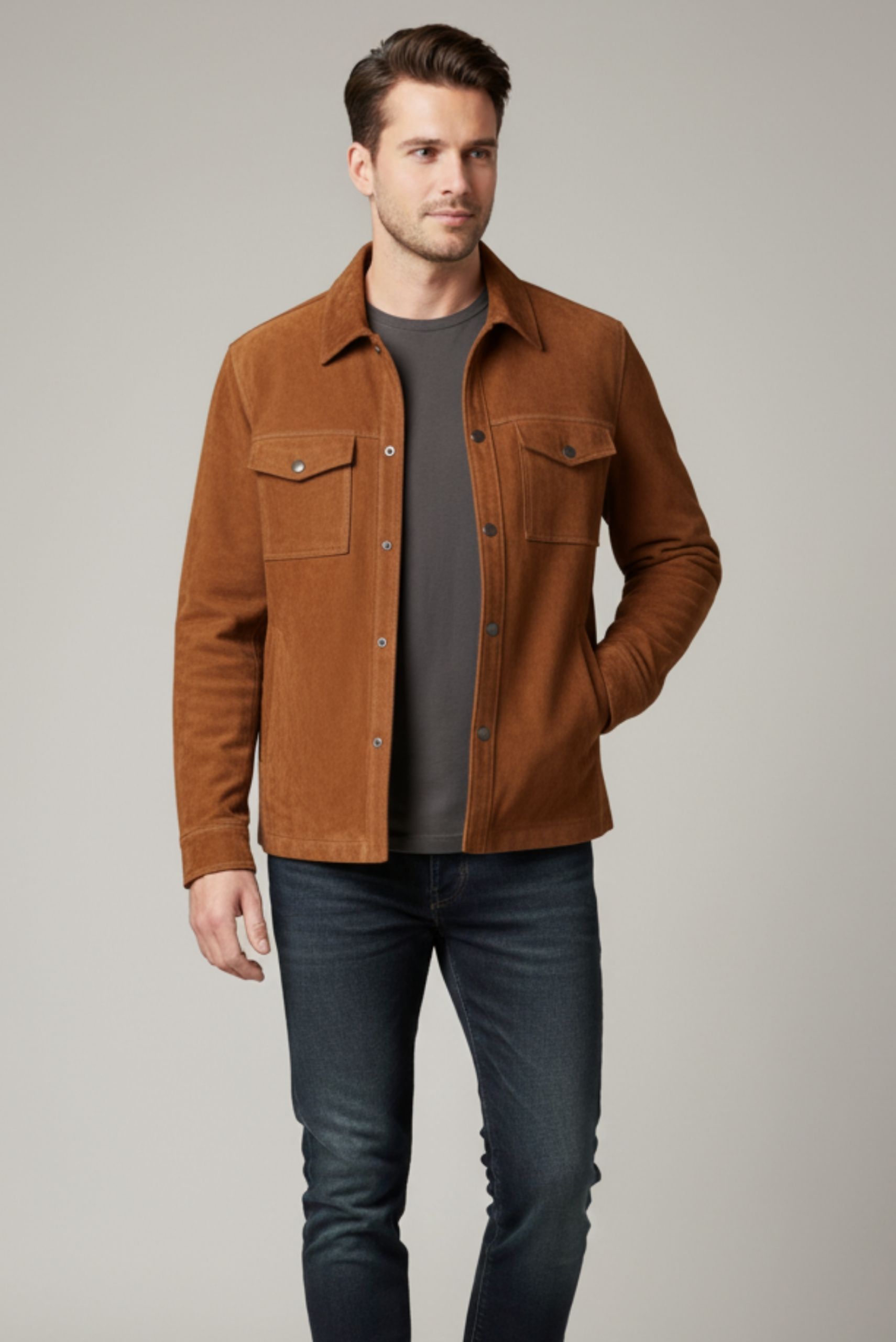 Men’s brown leather jacket styled with timeless elegance — versatile and sophisticated outerwear for every occasion.