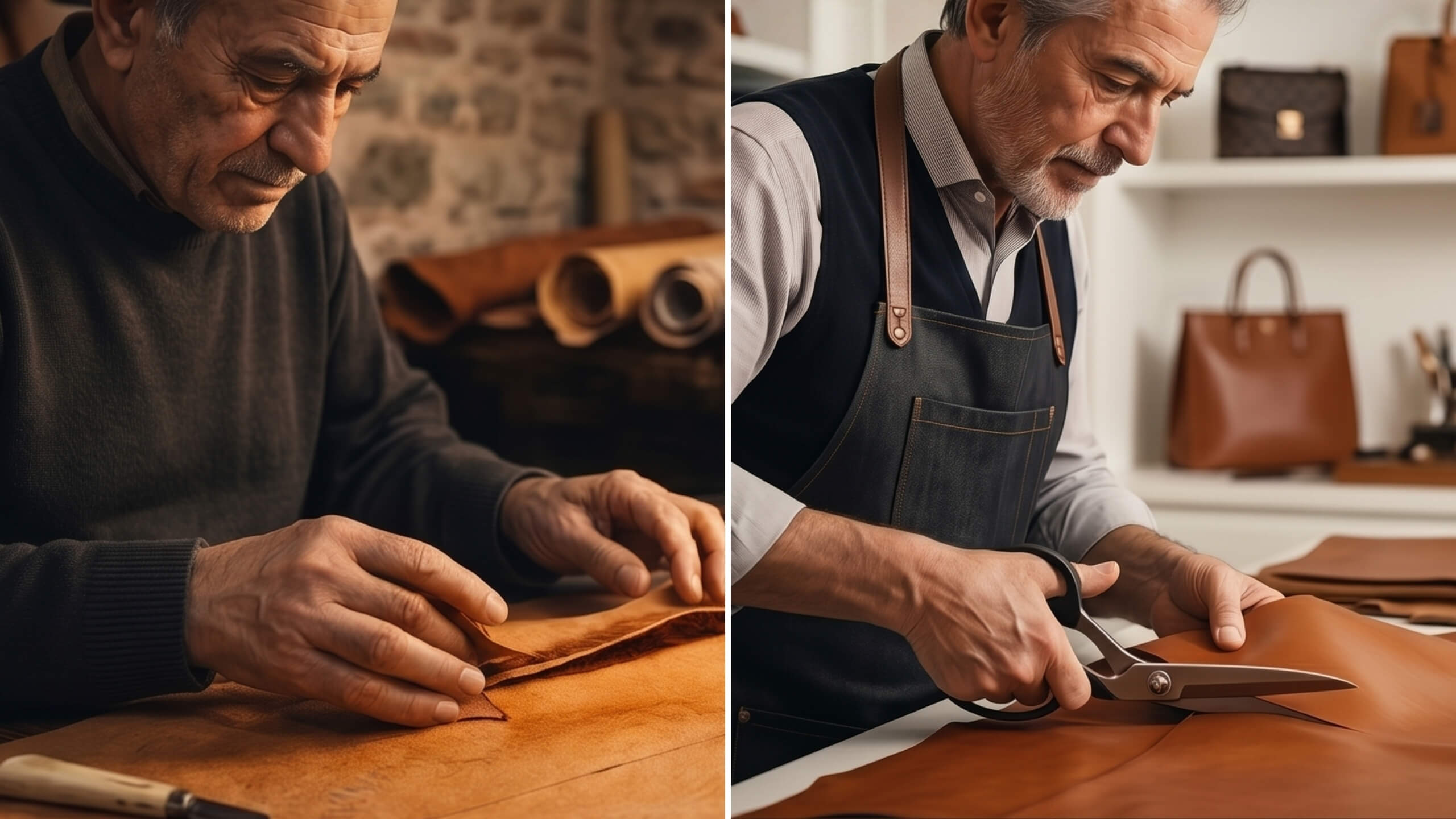 A comparative image diptych set on a rich, textured leather background. The left panel shows an older Turkish master leather worker in a warm, traditional stone-walled workshop with rolls of leather. The right panel shows a younger Italian artisan in a bright, modern studio with finished leather luxury goods on shelves. A stylized metallic 'VS' symbol is centered between the two panels. Above the panels, the title text reads 'Leather Heritage: Turkey vs Italy' in an elegant, embossed leather-effect font.