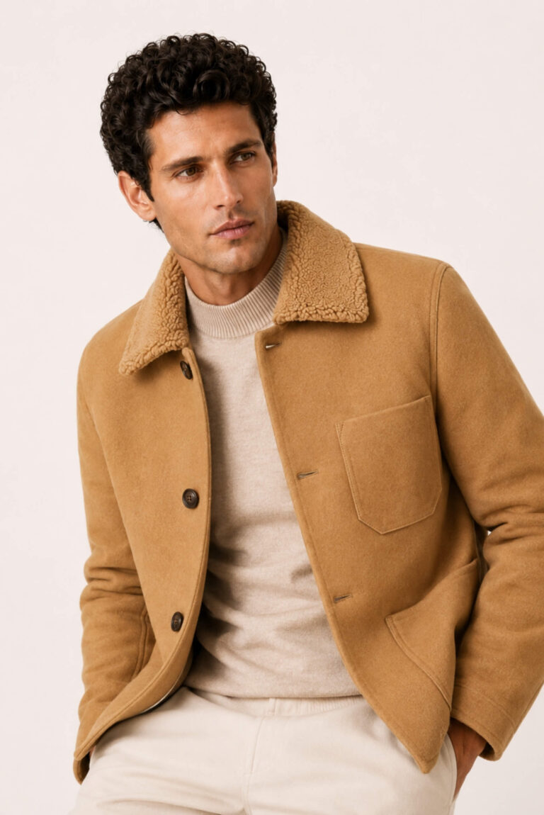 Camel Alpaca Wool Jacket with Shearling Collar