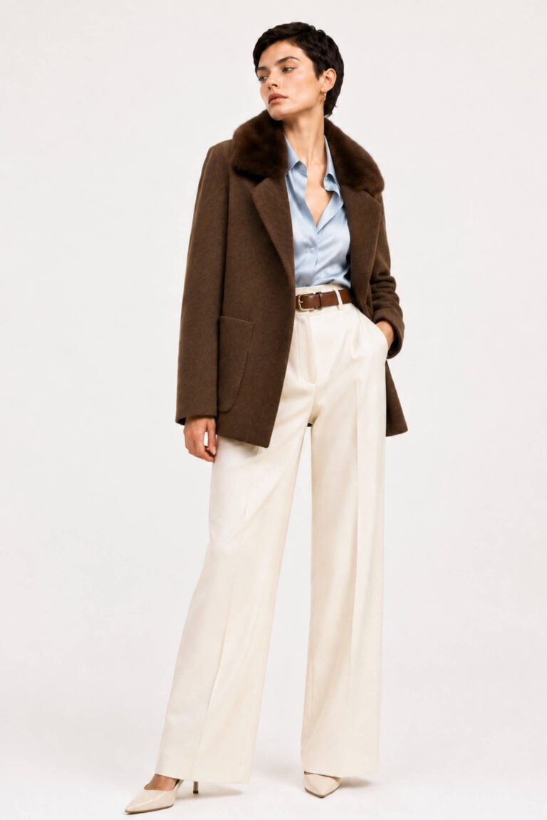 Manteau en Laine d'Alpaga Marron à Col en Peau Lainée