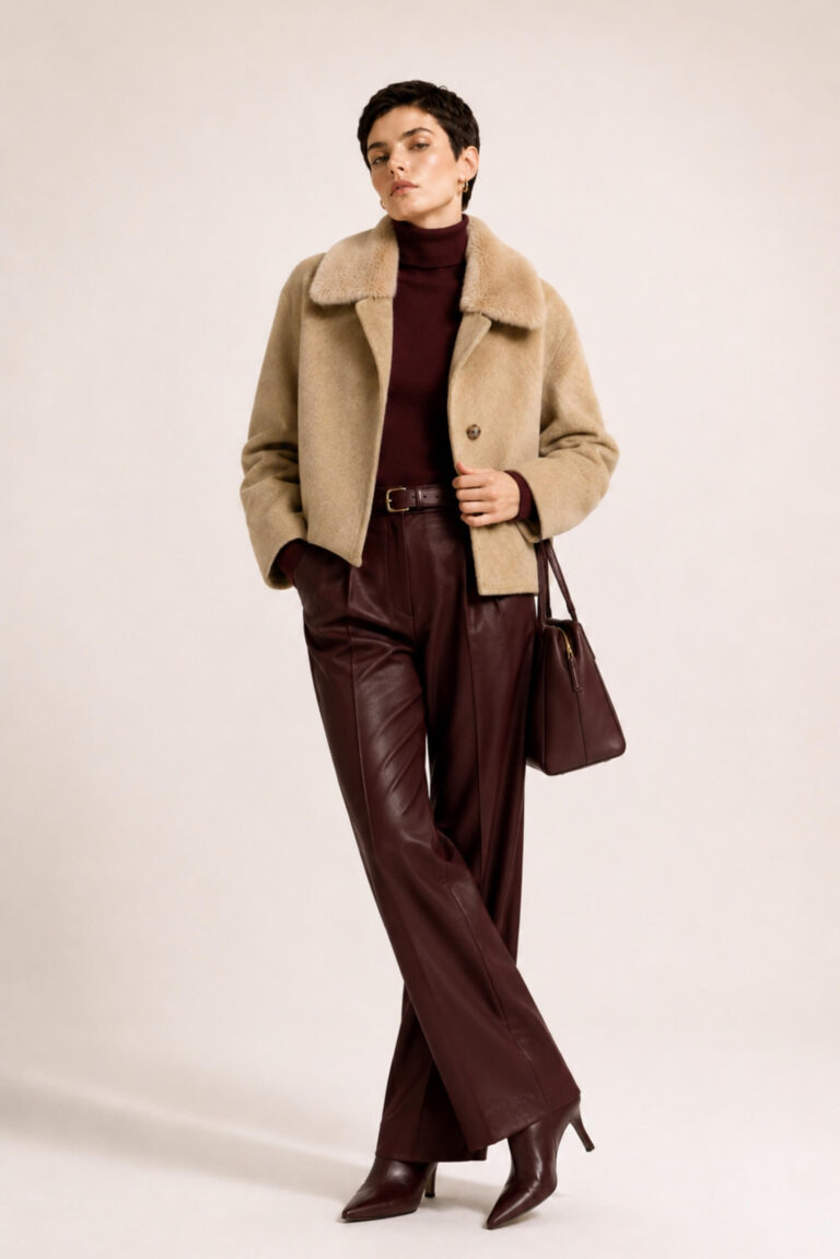 Shearling Yakalı Taupe Alpaka Yünü Ceket