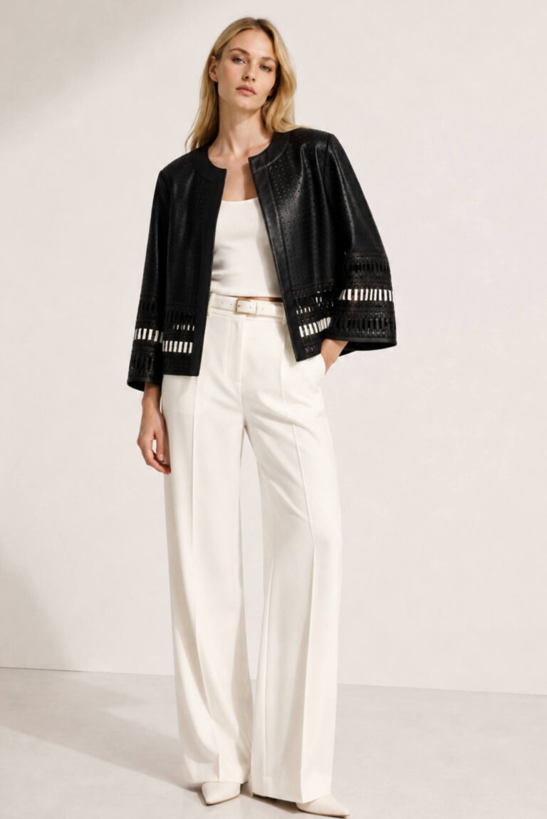 Perforated Leather Jacket with Woven Trim